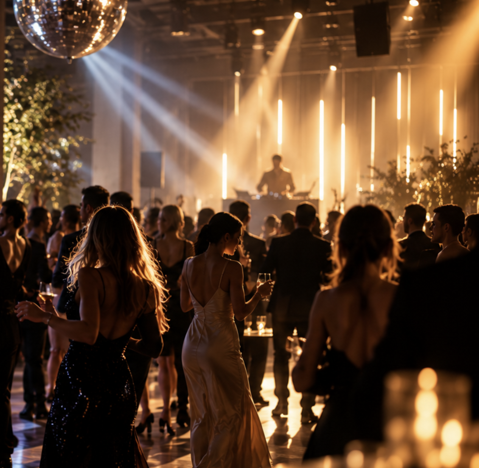 Atmospheric detail of a disco ball and warm golden lights